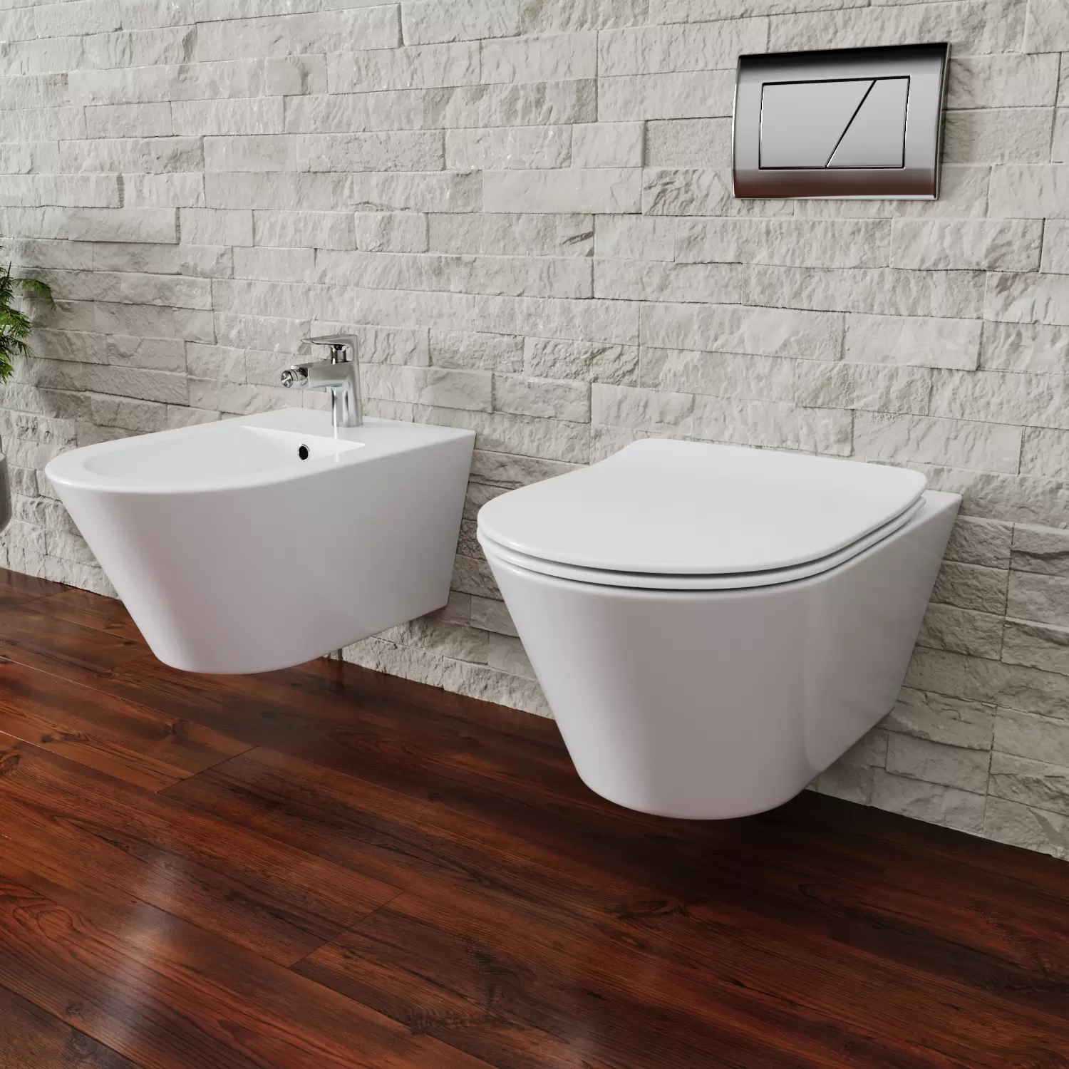 WC E Bidet Sospesi Cardiff - Design Moderno Quadrato, Ceramica Bianca, Chiusura Soft Close