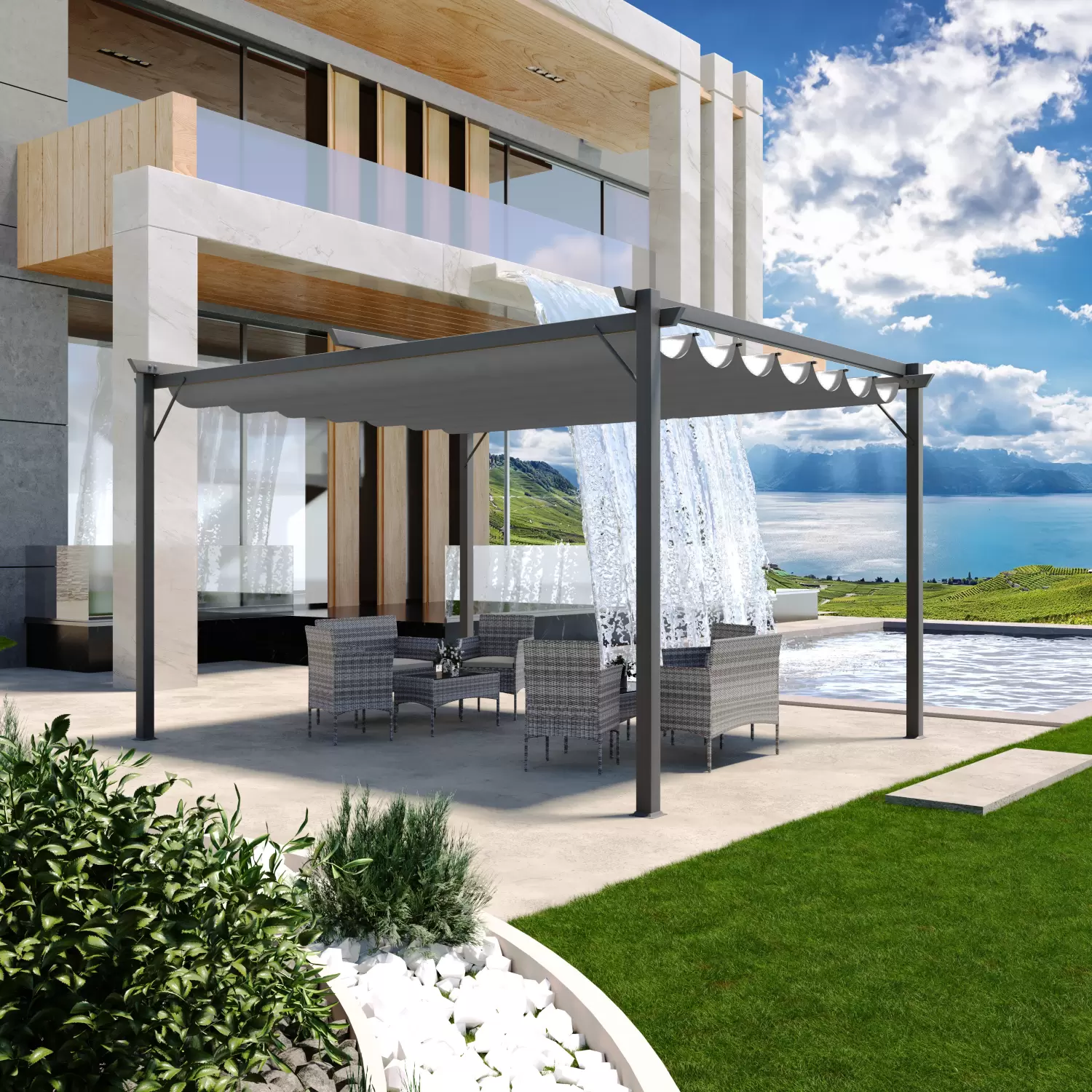 Gazebo Pergola 3 x 3 M Pergolato Con Telo Impermeabile Retrattile