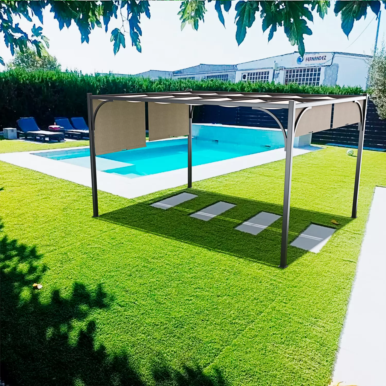 Gazebo Pergola 3 x 3 M Pergolato Con Tetto Scorrevole Telo Impermeabile