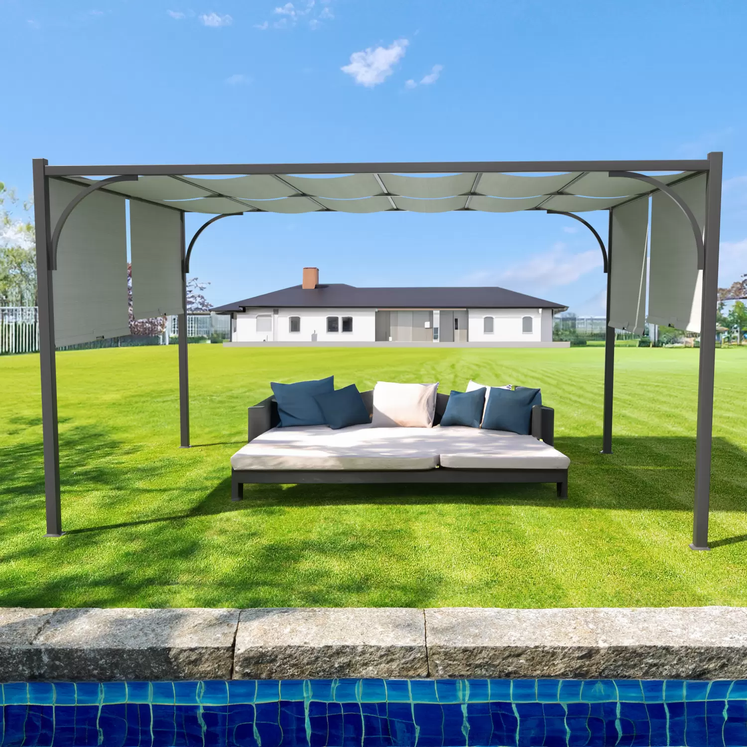 Gazebo Pergola 3 x 4 M Pergolato Con Tetto Scorrevole Telo Impermeabile