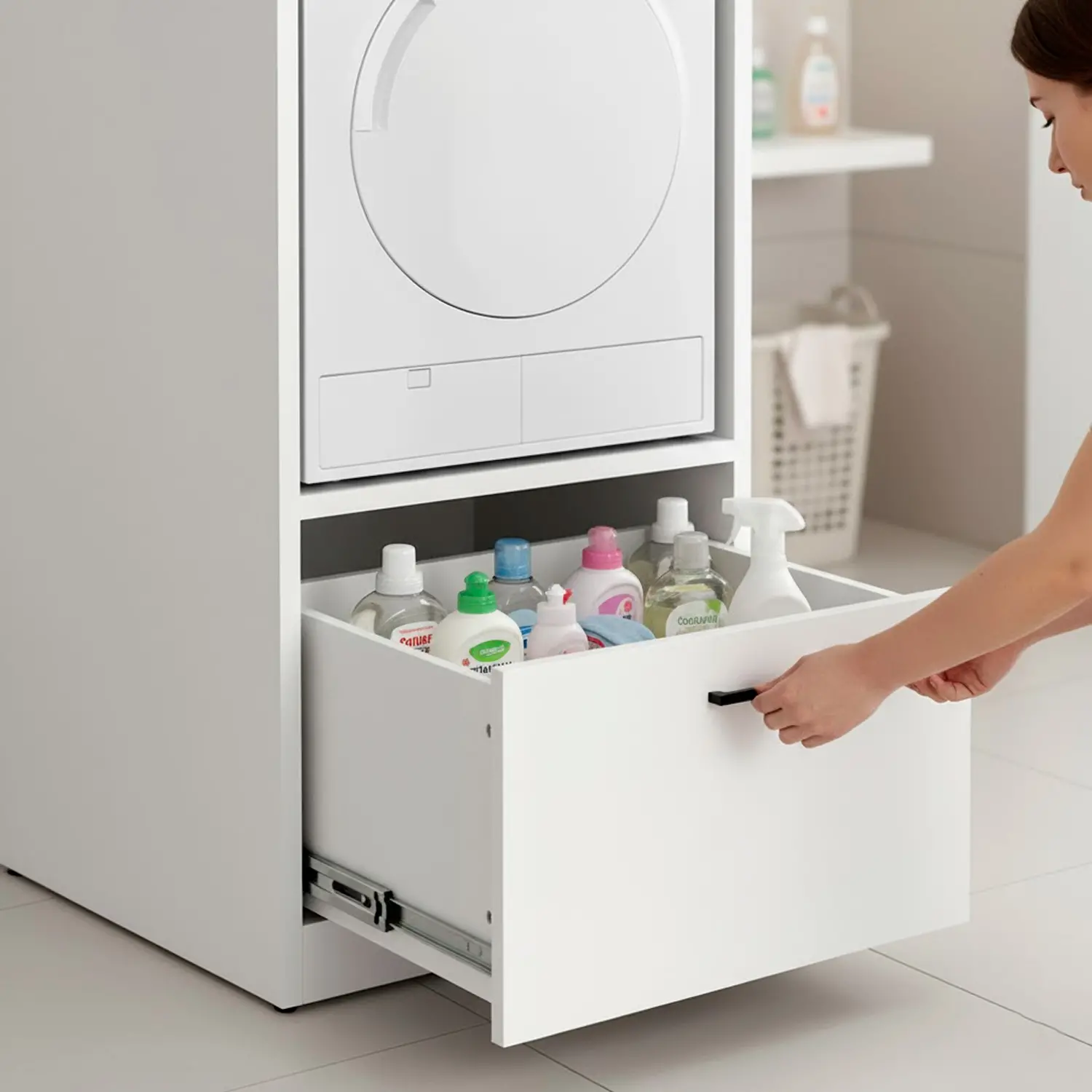 Mobiletto Per Lavatrice E Asciugatrice Con Cassetto - Legno Laminato Bianco, 70x146x64 Cm, Mensola Scorrevole, Salvaspazio