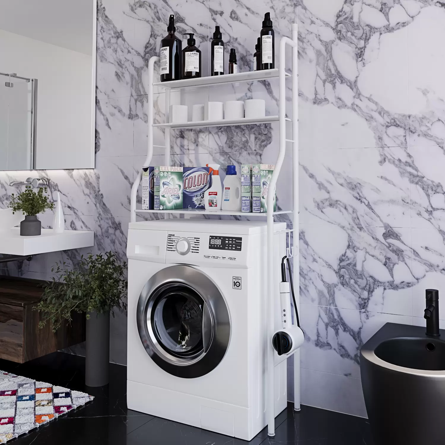 Mobiletto Per Lavatrice E Asciugatrice Con Cassetto - Legno Laminato Bianco, 70x146x64 Cm, Mensola Scorrevole, Salvaspazio
