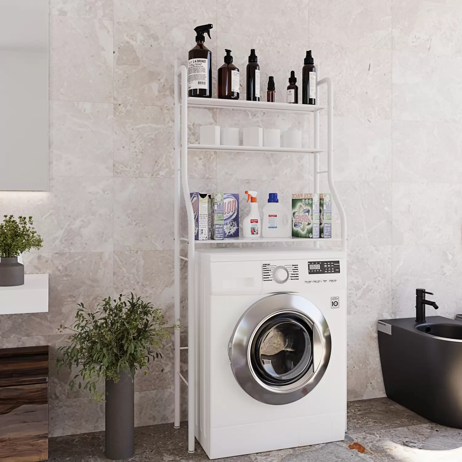 MOBILE LAVATRICE CON CASSETTO - In Laminato Bianco 25 Mm, Mensola Scorrevole, Design Moderno, Dimensioni 70x146x64 Cm