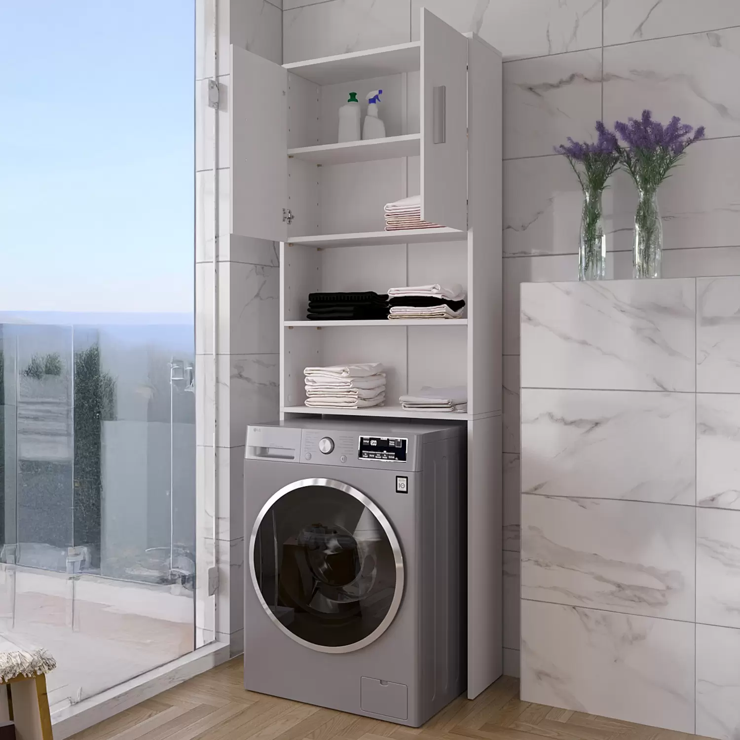 Mobile Sopra Lavatrice Bangor - Armadietto Con Ante, Ripiani, Bianco, 190x26x64 Cm, Ottimizza Spazi Bagno - Foto 3