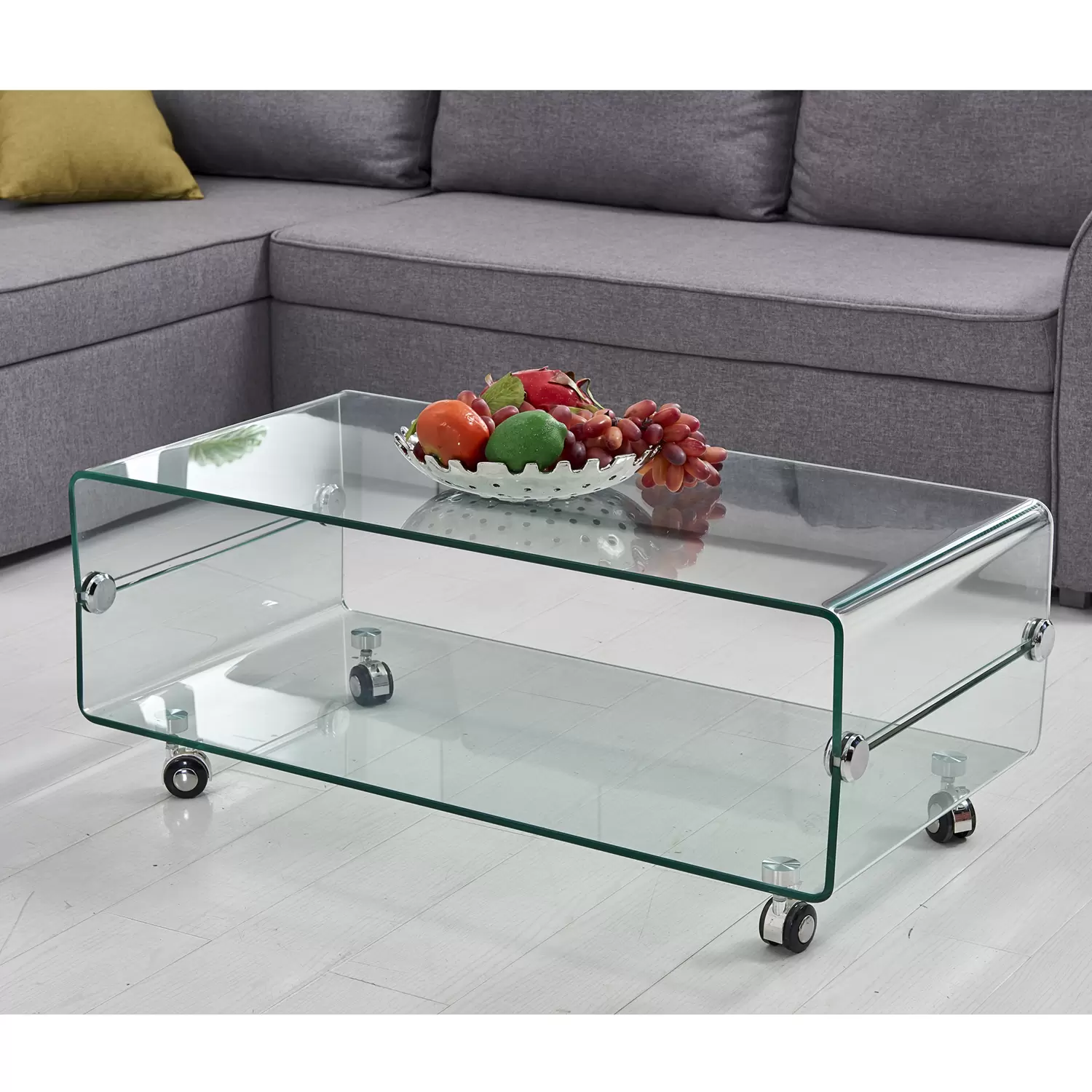 Tavolino Basso Rettangolare in Vetro Curvato con Ruote Rotelle E
