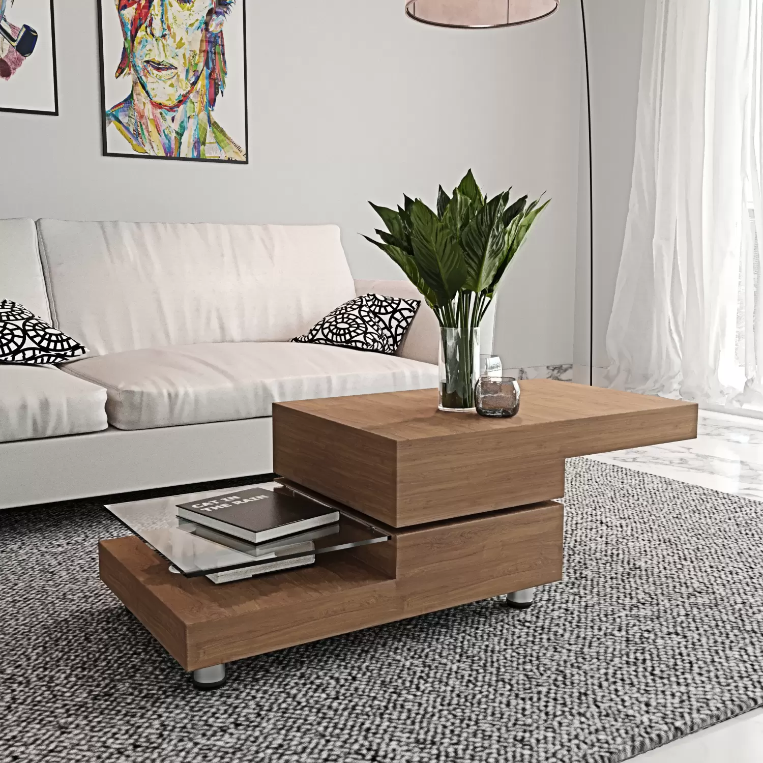 Tavolino Basso Rettangolare Salotto In Legno MDF Con Ripiano In