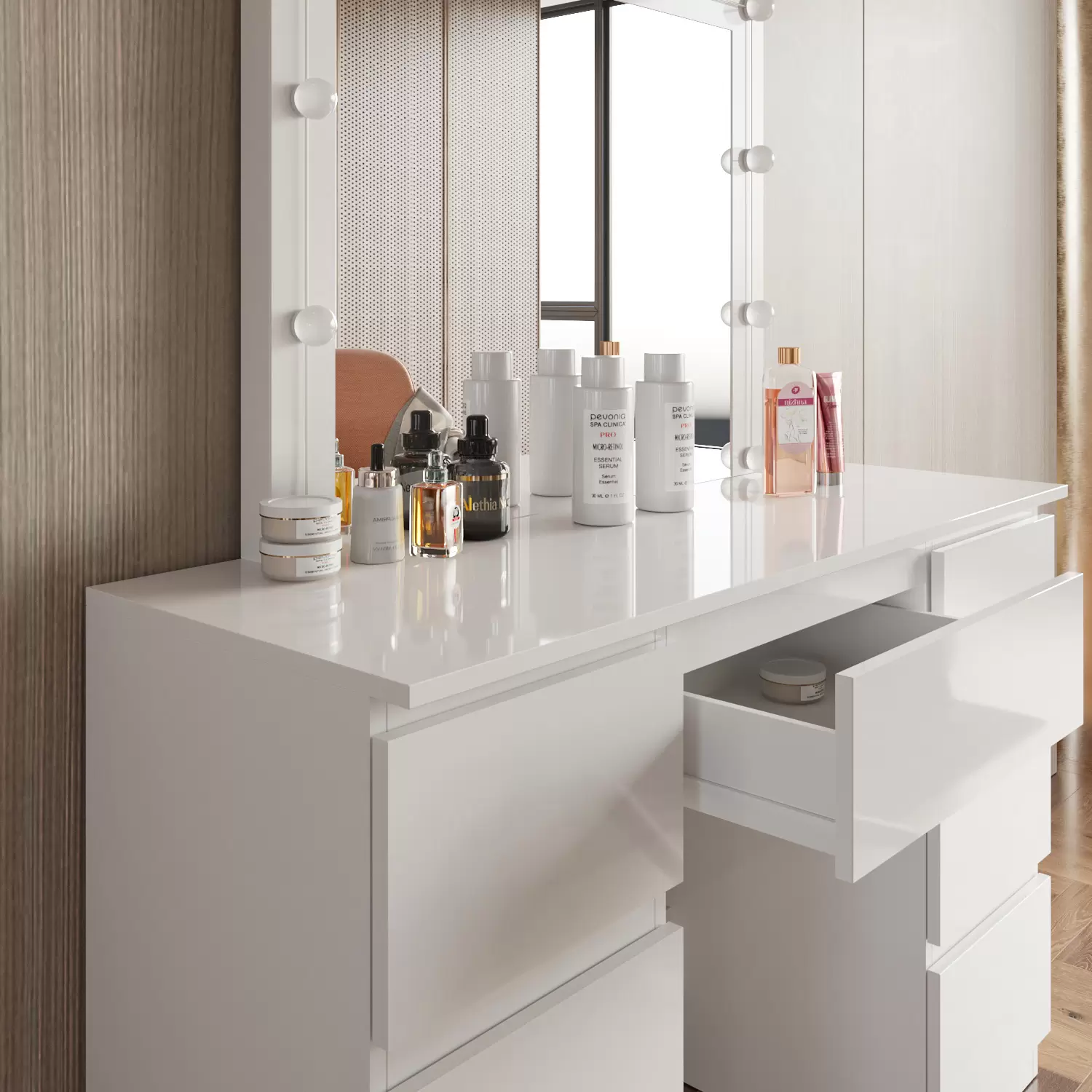 Toeletta Trucco Con Luci LED E Cassetti - Moderna, Bianca, Regolabile - Foto 8