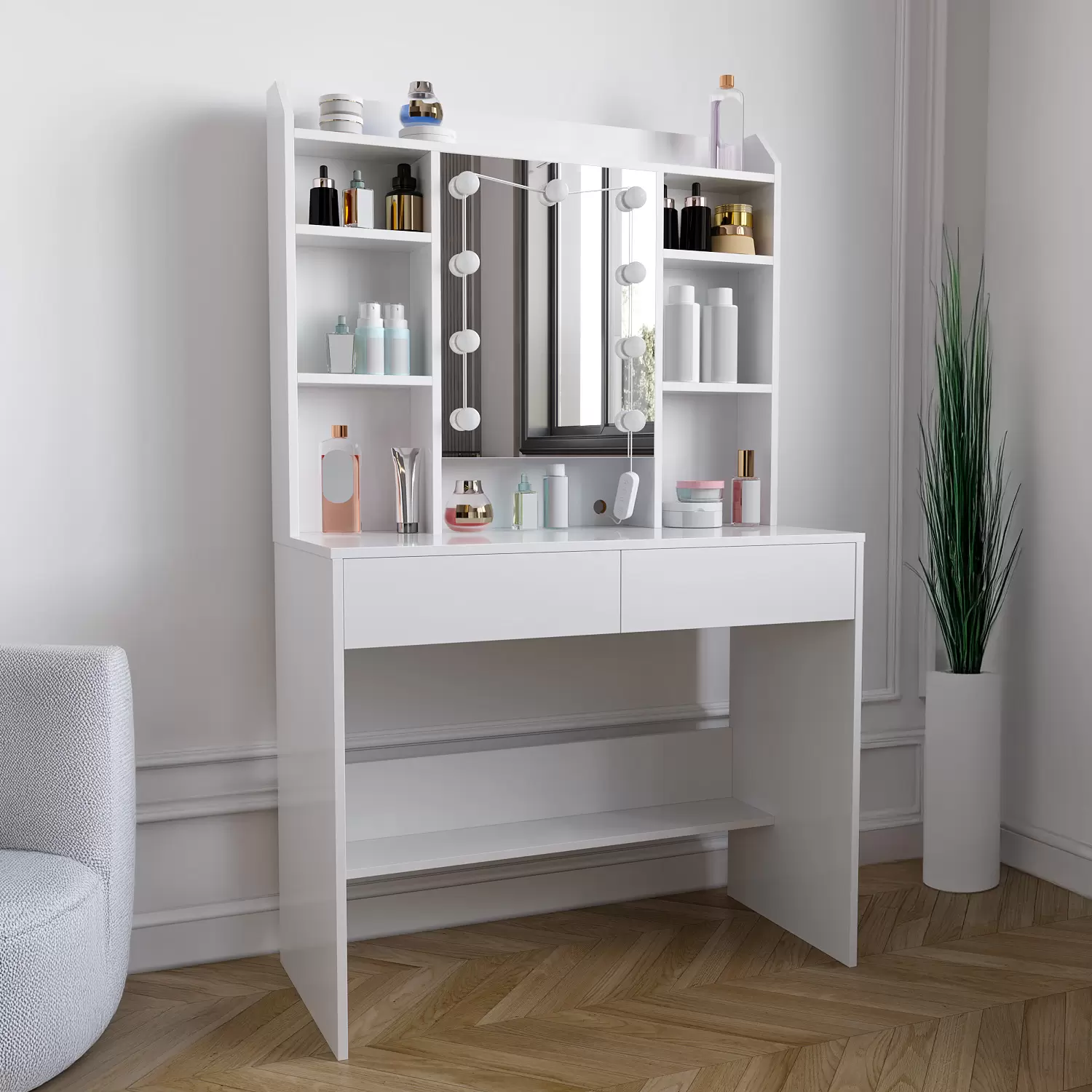 Coiffeuse Vicco Isabelle Avec LED, Miroir, Tiroir Et Tabouret - Blanc (neuve)