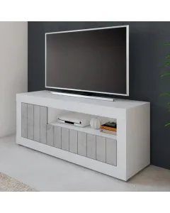 mobile-tv-basso-in-melaminico-con-anta-laterale-e-a-ribalta-vano-a-giorno-ripiani-mensole-interne-design-moderno-senza-maniglie-soggiorno-living-salotto-1369-x-418-x-56-cm-bianco-e-grigio-cemento-439703