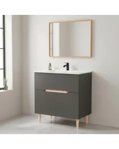 Mobile Bagno A Terra Con Lavabo In Ceramica E Specchio Inclusi 1 Cassetto Soft Close E 1 Anta A Vasistas Design Moderno Salvaspazio 80 x 45 x 80 Cm