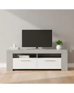 Mobile TV Con 4 Vani Portaoggetti Modulo Porta TV Moderno Con Ante E Vani A Vista Per Soggiorno Supporto TV Grandi Dimensioni 120 x 42 x 40 Cm Bianco Lucido e Grigio Cemento