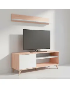 Mobile TV Con Mensola Parete Attrezzata In Stile Nordico Da 135 Cm Con Anta Push E Vani Multimediali Mobile Porta TV Con Ripiano A Parete Soggiorno Moderno 135 x 50 x 40 Cm
