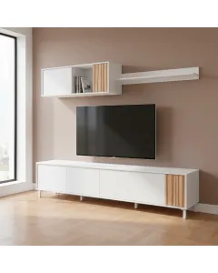 Parete Attrezzata Moderna Mobile Soggiorno TV Con Modulo Pensile e Mensola Con 4 Ante Fori Passacavi Design Moderno Soggiorno Salotto Sala Da Pranzo 47 x 200 x 40 Cm