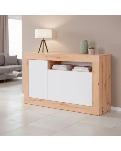 Credenza Moderna Madia A Terra Con 3 Ante Vano A Giorno E Ripiani Interni Mobile Contenitore In Melaminico Antigraffio Per Soggiorno Sala Da Pranzo 144 x 42 x 87 Cm