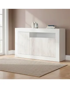 Credenza Moderna Madia A Terra Con 3 Ante Vano A Giorno E Ripiani Interni Mobile Contenitore In Melaminico Antigraffio Per Soggiorno Sala Da Pranzo 144 x 42 x 87 Cm-Bianco anticato e Bianco