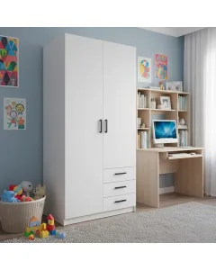 Armadio Con 2 Ante E 3 Cassetti Armadietto Multiuso Con Barra Appendiabiti E 4 Ripiani Di Cui 2 Regolabili Design Moderno Funzionale 98.5 x 49.8 x 200.4 Cm