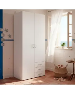 Armadio Con 2 Ante e 3 Cassetti Armadietto Multiuso Design Moderno Salvaspazio Vano Con Barra Appendiabiti E Ripiani Camera Da Letto Ingresso Lavanderia Bianco