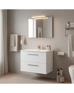 Mobile Mobiletto Bagno Sospeso Con 2 Cassettoni Soft Close Lavabo in Ceramica Monoforo Con Troppopieno E Specchio Con Led Da 30 Cm Design Moderno 80 x 45 x 57 Cm