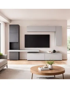 Parete Attrezzata Soggiorno Con Colonna 2 Cestoni 2 Pensili E Mensola Mobile TV Design Contemporaneo Salvaspazio Living  207.2 x 280 x 49.6 Cm