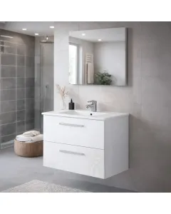 Mobile Mobiletto Bagno Sospeso Con 2 Cassettoni Soft Close E Lavabo in Ceramica Monoforo Con Troppopieno E Specchio Design Moderno Minimal
