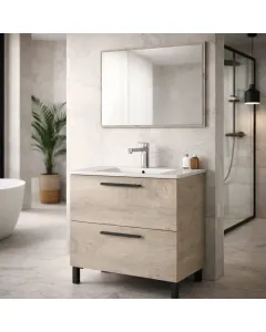 Mobile Bagno A Terra Con 2 Cassettoni Soft Close E Lavabo In Ceramica E Specchio Inclusi Con Foro Troppopieno E Maniglie ABS Design Moderno