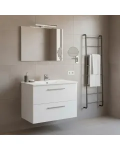 Mobile Mobiletto Bagno Sospeso Con 2 Cassettoni Soft Close Lavabo in Ceramica Monoforo Con Troppopieno E Specchio Con Led Da 45 Cm Design Moderno 80 x 45 x 57