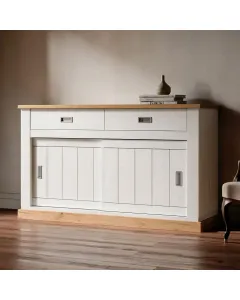 Madia Credenza Mobile Soggiorno Con 2 Cassetti E 2 Ante Scorrevoli 4 Ripiani Interni Design Minimal Shabby Chic Sala Da Pranzo Zona Living 150 x 50 x 95.5 Cm