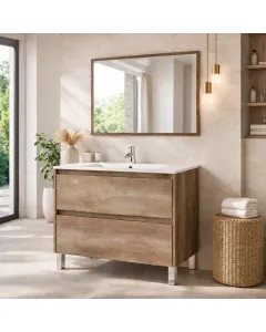 Mobile Bagno A Terra Con Lavabo In Ceramica E Specchio Coordinato Mobiletto Con Lavandino E 2 Cassettoni Ammortizzati Design Minimal