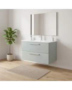 Mobile Mobiletto Bagno Sospeso Con 2 Cassettoni Soft Close Con Lavandino Lavabo In Ceramica E Specchio Design Moderno Nordico 57 x 80 x 45 Cm