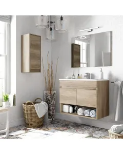 Mobile Mobiletto Bagno Sospeso Legno Con 2 Ante Ripiani E Vani Aperti Lavabo In Ceramica Con Specchio E Led Design Moderno Nordico La Brea 80 x 45 x 64 Cm