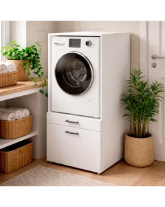 Mobile Lavatrice Con Cassettone E Mensola Estraibile Mobiletto Lavanderia O Asciugatrice Salvaspazio Con Vano Incasso Piano D' Appoggio E Contenitore Bagno Ripostiglio 67 × 65 × 144 Cm