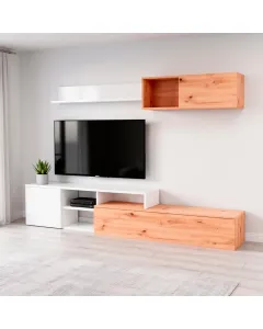 Parete Attrezzata Soggiorno Mobile TV Con Modulo Superiore E Mensola Foro Passacavi Design Moderno Per Zona Living Elegante E Funzionale 220 x 44 x 40 Cm