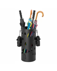 Portaombrelli Rotondo In Acciaio Zincato Con Vaschetta Scolapioggia E 4 Ganci Removibili Base Antiscivolo Design Moderno Per Ingresso Casa e Ufficio 41 x 17 Cm