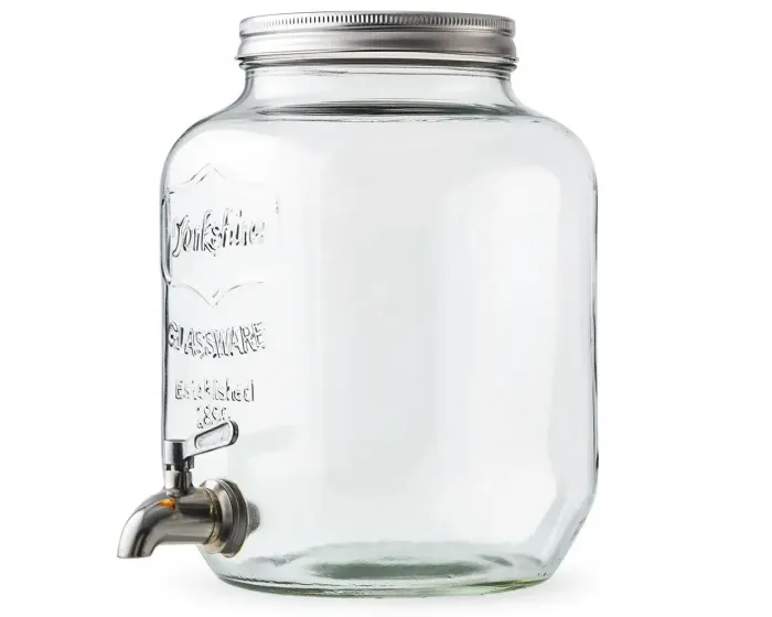 Dispenser in Vetro per Bevande 4L con Rubinetto in Acciaio Cromato Lavabile in Lavastoviglie Ideale per Feste Aperitivi e Campeggio 14 x 14 x 26 Cm Trasparente