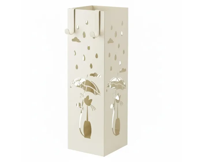 Portaombrelli In Metallo Con Decorazione Gatto Vaschetta Scolapioggia Removibile E 2 Ganci Laterali Base Antiscivolo Stand Quadrato Design Per Ingresso Casa E Ufficio 49 x 15.5 x 15.5 Cm