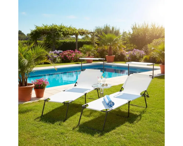 2 Lettini Pieghevoli con Tettuccio Regolabile e Schienale Reclinabile, Struttura in Metallo Nero, Sdraio Prendisole per Spiaggia, Mare, Giardino e Piscina - 187 x 53 x 24 cm