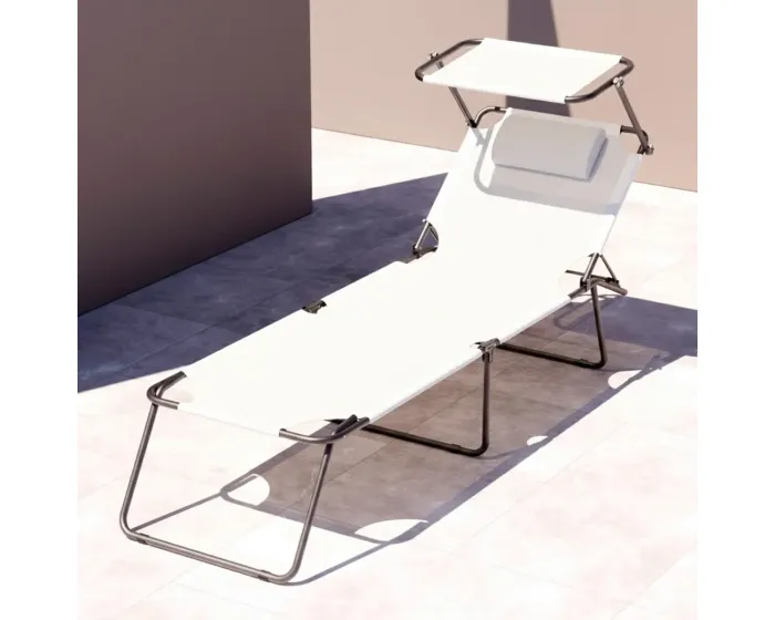 Lettino Pieghevole Con Tettuccio Regolabile Prendisole Parasole Schienale Reclinabile Regolabile Struttura In Metallo Nero Sedia Sdraio Per Spiaggia Mare Giardino Piscina 187 x 53 x 24 Cm