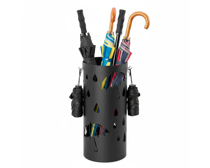 Portaombrelli Rotondo In Acciaio Zincato Con Vaschetta Scolapioggia E 4 Ganci Removibili Base Antiscivolo Design Moderno Per Ingresso Casa e Ufficio 41 x 17 Cm